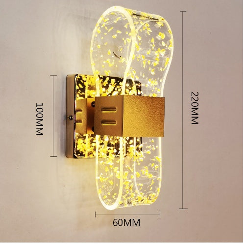 Acrylic dimmable wall lamp with modern design, emitting warm light, measuring 220mm by 60mm and 100mm, mounted on a wall