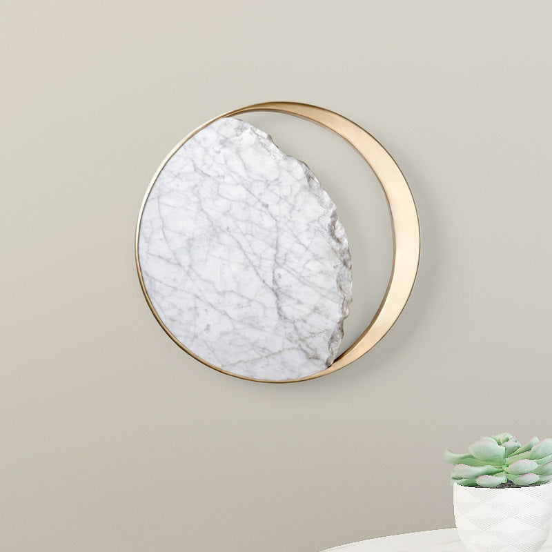 Marble Bedside LED Wall Lamp with copper accents, creative art design, eclipse-shaped wall sconce lighting for living room or bedroom.