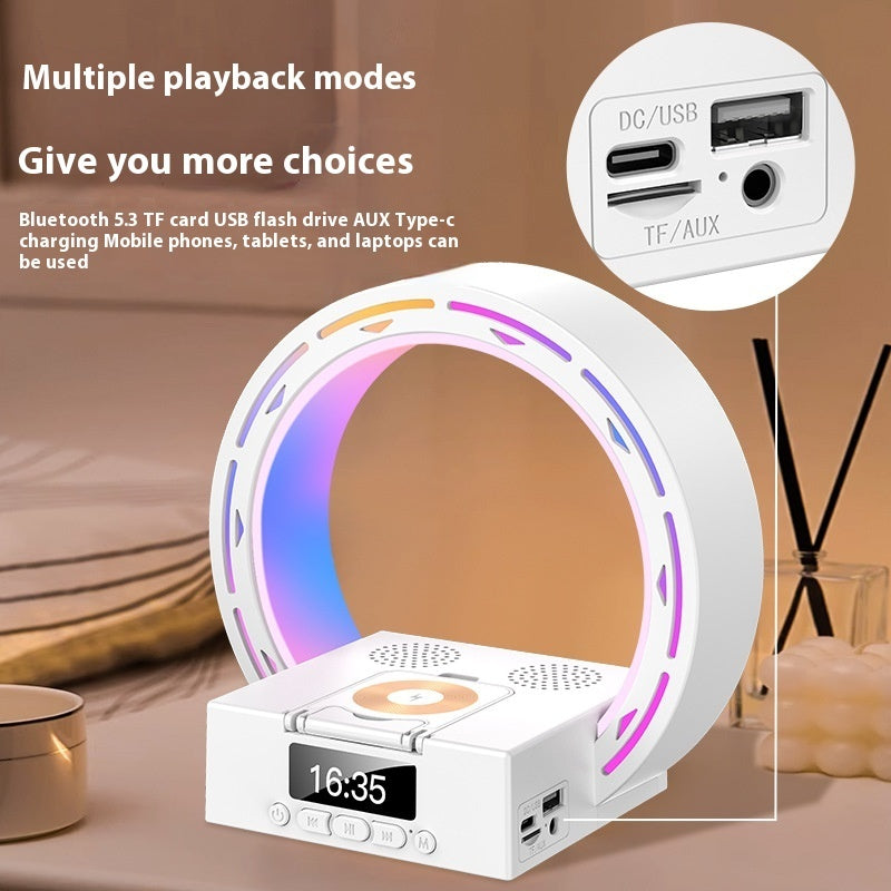 4 in 1 wireless Bluetooth speaker charging pad bedside lamp with alarm clock, wake-up light, and USB/TF card support.