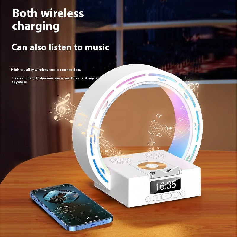 4 in 1 wireless Bluetooth speaker with charging pad, bedside lamp, alarm clock, and wake-up light for bedroom, supporting USB drive and TF card.