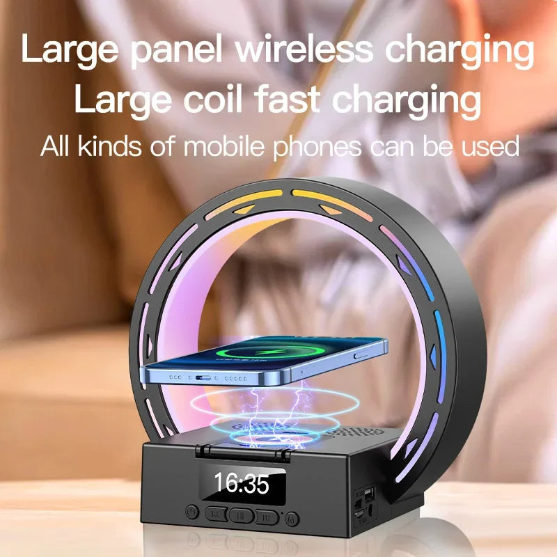 4 in 1 wireless Bluetooth speaker charging pad bedside lamp with alarm clock and wake-up light fast charging mobile phone.