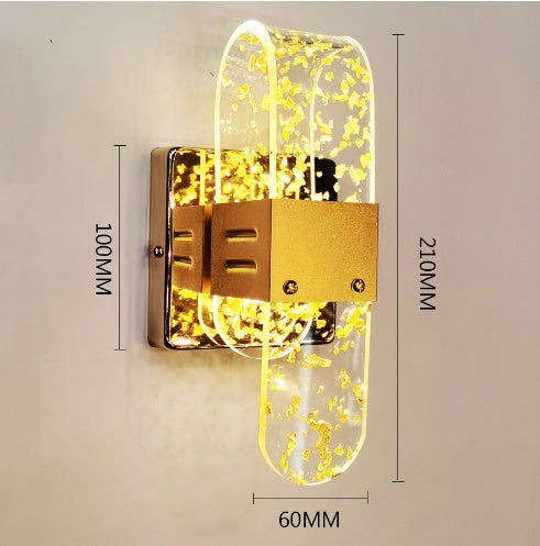 Modern acrylic wall lamp with gold accents, dimmable light source, and measurements 100mm x 210mm x 60mm.