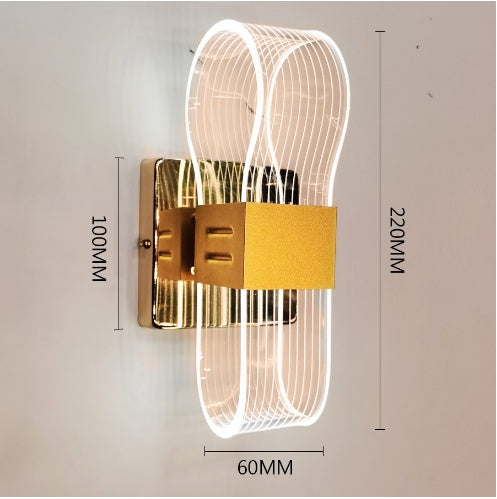 Modern acrylic wall lamp with dimmable LED light source, measuring 220mm in height, 100mm in width, and 60mm in depth, mounted on a wall.