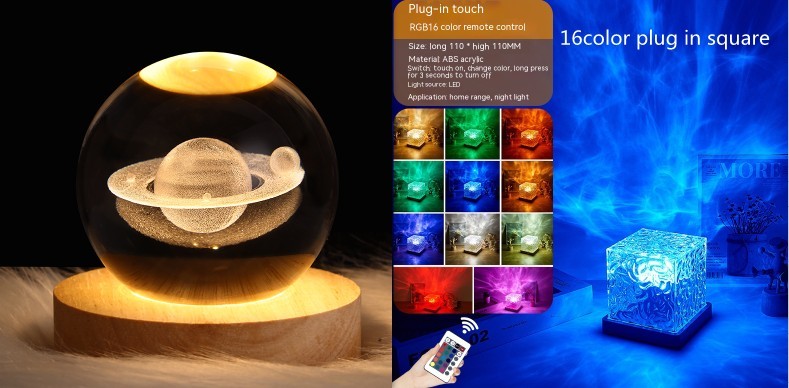 LED Water Ripple Ambient Night Light USB Rotating Projection Crystal Table Lamp RGB Dimmable Home Decoration 16 Color Gifts Forease