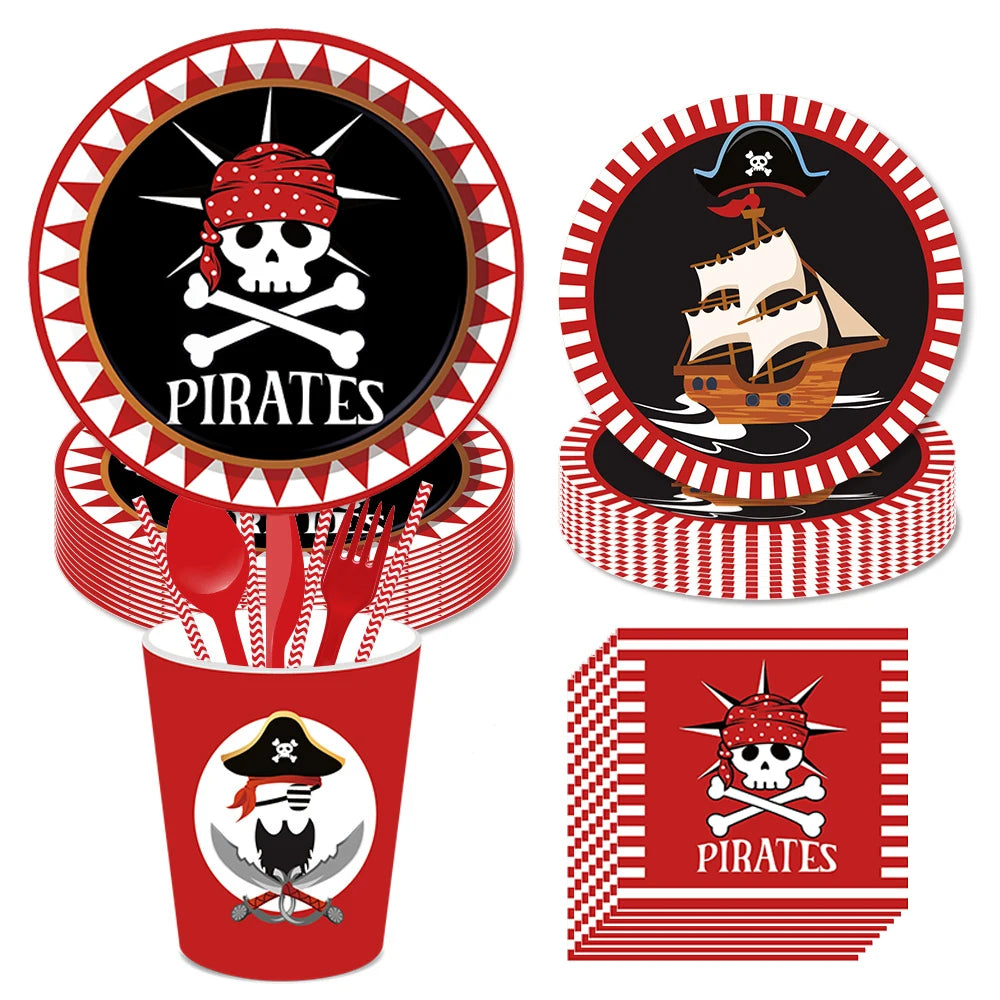 Red Pirate Cartoon Theme Party Disposable Tableware Paper Plates Cups Kids Birthday Balloons Baby Shower Decorations Supplies Forease