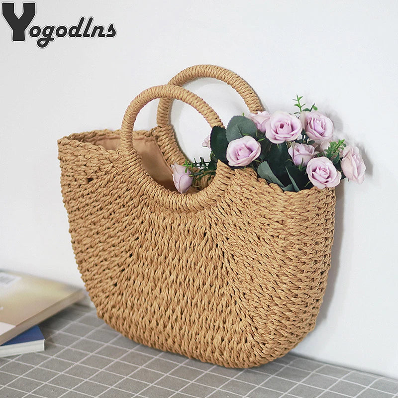 Summer Handmade Bags for Women Beach Weaving Ladies Straw Bag Wrapped Beach Bag Moon shaped Top Handle Handbags Totes Forease