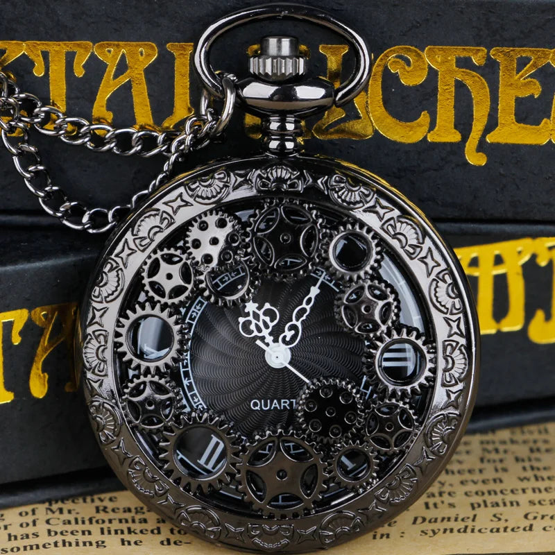 Steampunk Copper Vintage Hollow Gear Hollow Quartz Pocket Watch Necklace Pendant Clock Chain Men Women Forease