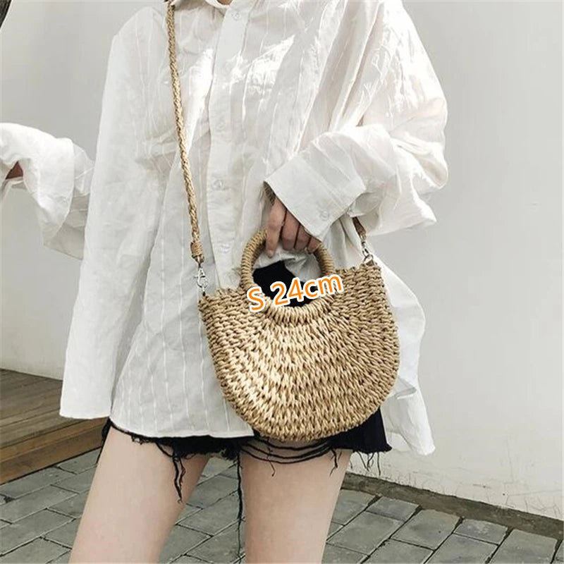 Summer Handmade Bags for Women Beach Weaving Ladies Straw Bag Wrapped Beach Bag Moon shaped Top Handle Handbags Totes Forease