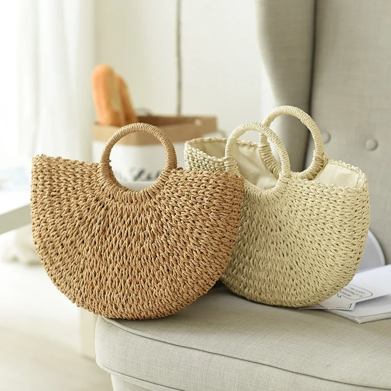 Summer Handmade Bags for Women Beach Weaving Ladies Straw Bag Wrapped Beach Bag Moon shaped Top Handle Handbags Totes Forease