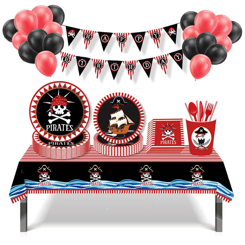 Red Pirate Cartoon Theme Party Disposable Tableware Paper Plates Cups Kids Birthday Balloons Baby Shower Decorations Supplies Forease