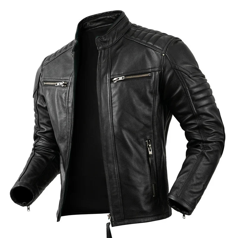 2023 New Motorcycle Causal Vintage Leather Coat Men Autumn Outfit Fashion Biker Pocket Design Top Layer Cow Leather Jacket Forease