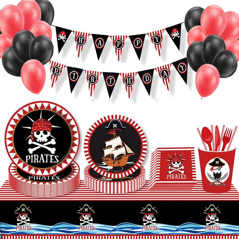 Red Pirate Cartoon Theme Party Disposable Tableware Paper Plates Cups Kids Birthday Balloons Baby Shower Decorations Supplies Forease