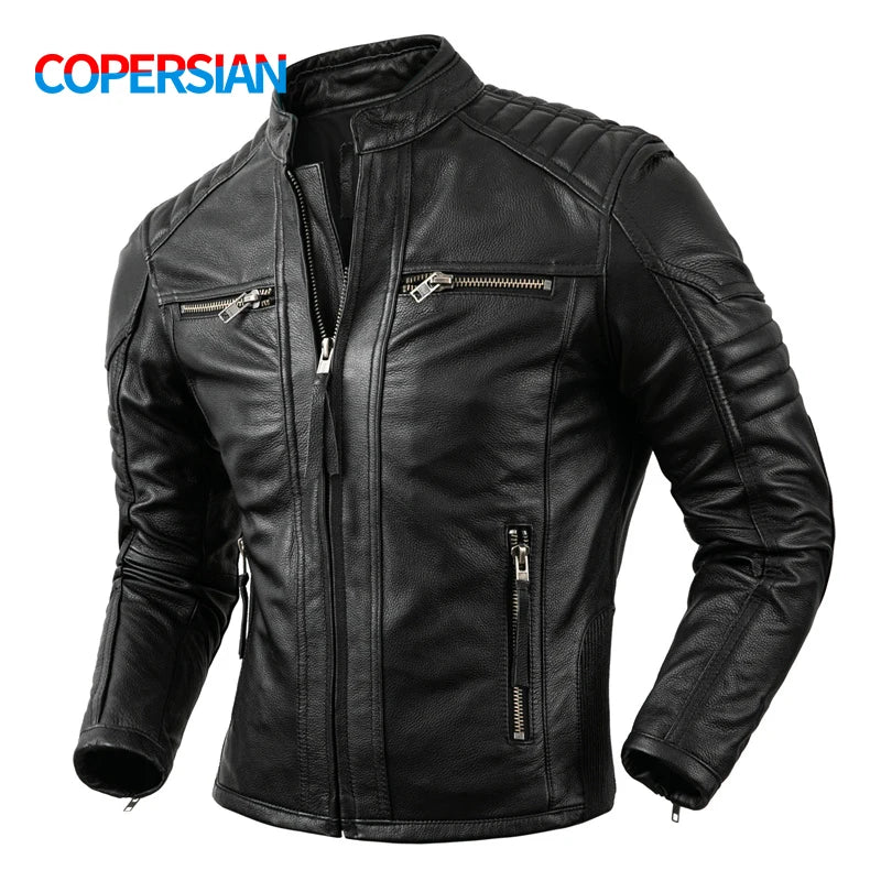 2023 New Motorcycle Causal Vintage Leather Coat Men Autumn Outfit Fashion Biker Pocket Design Top Layer Cow Leather Jacket Forease