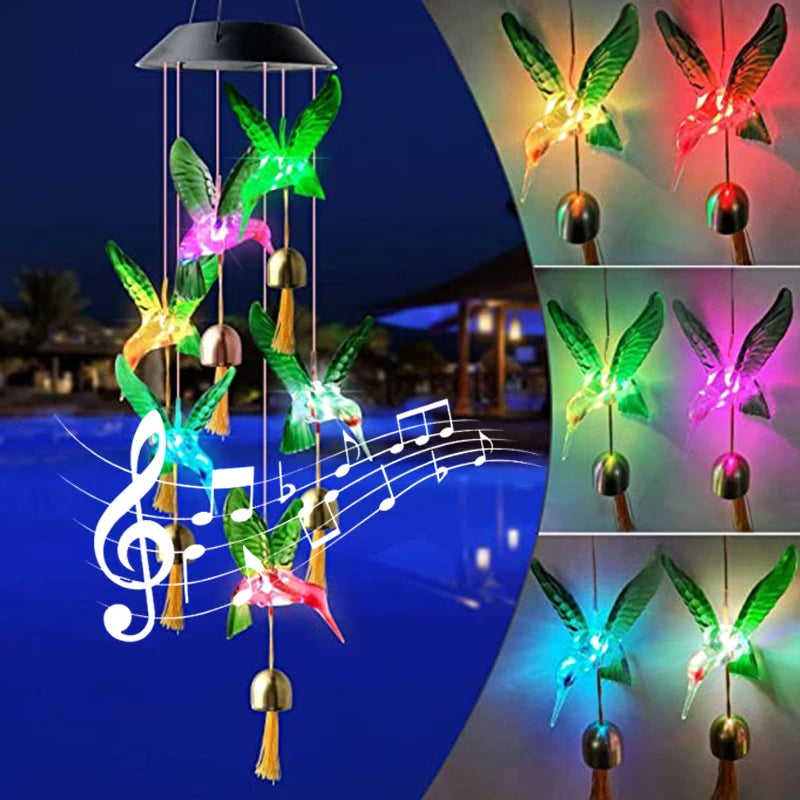 LED Colorful Solar Power Wind Chime Crystal Hummingbird Butterfly Waterproof Outdoor Windchime Solar Light for Garden outdoor Forease