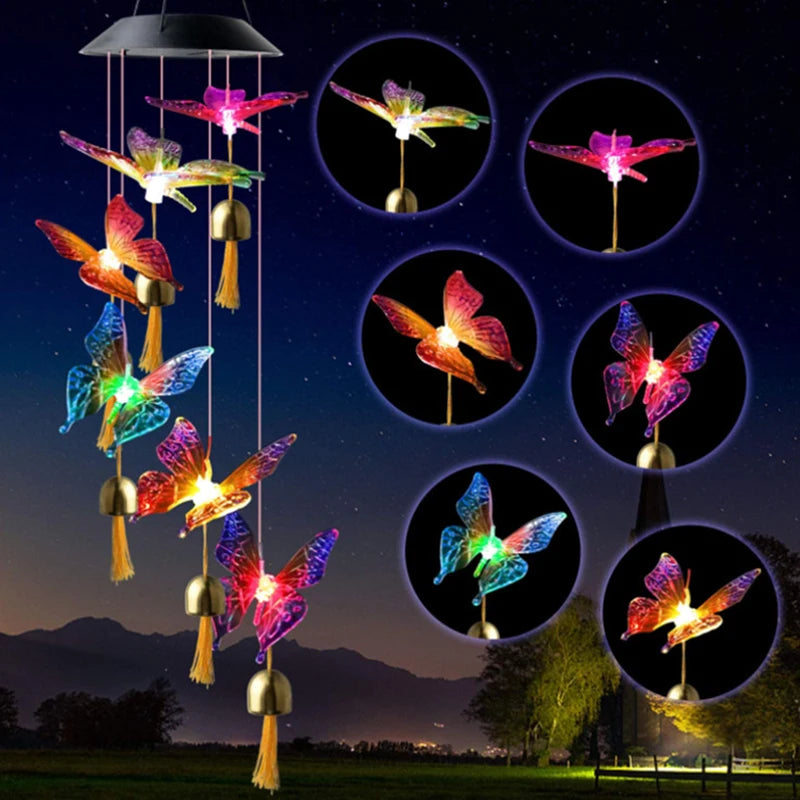 LED Colorful Solar Power Wind Chime Crystal Hummingbird Butterfly Waterproof Outdoor Windchime Solar Light for Garden outdoor Forease