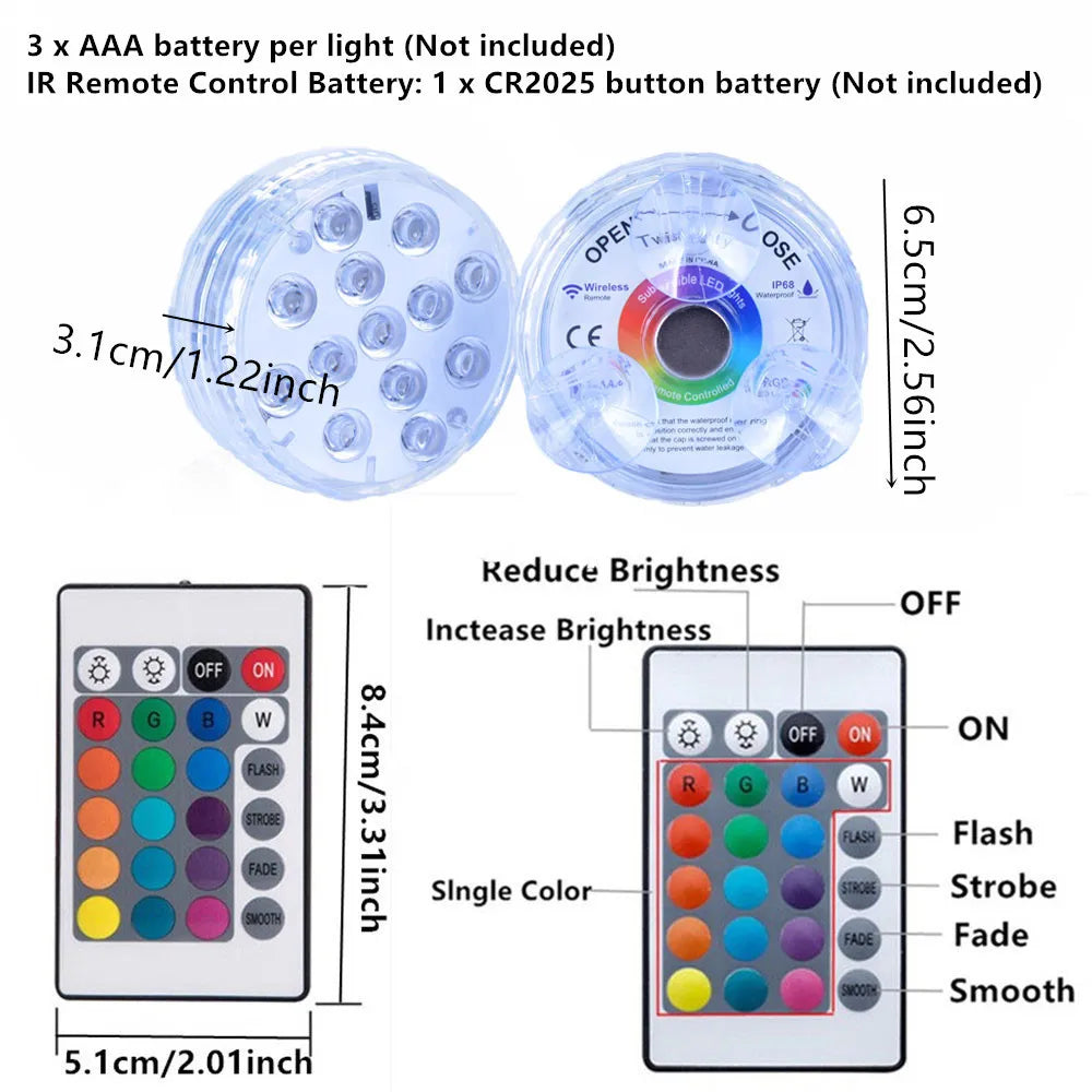 13 LEDs Submersible Light with Remote Control Underwater Night Lamp for Pool Vase Bowl Wedding Party Decoration Underwater Light Forease