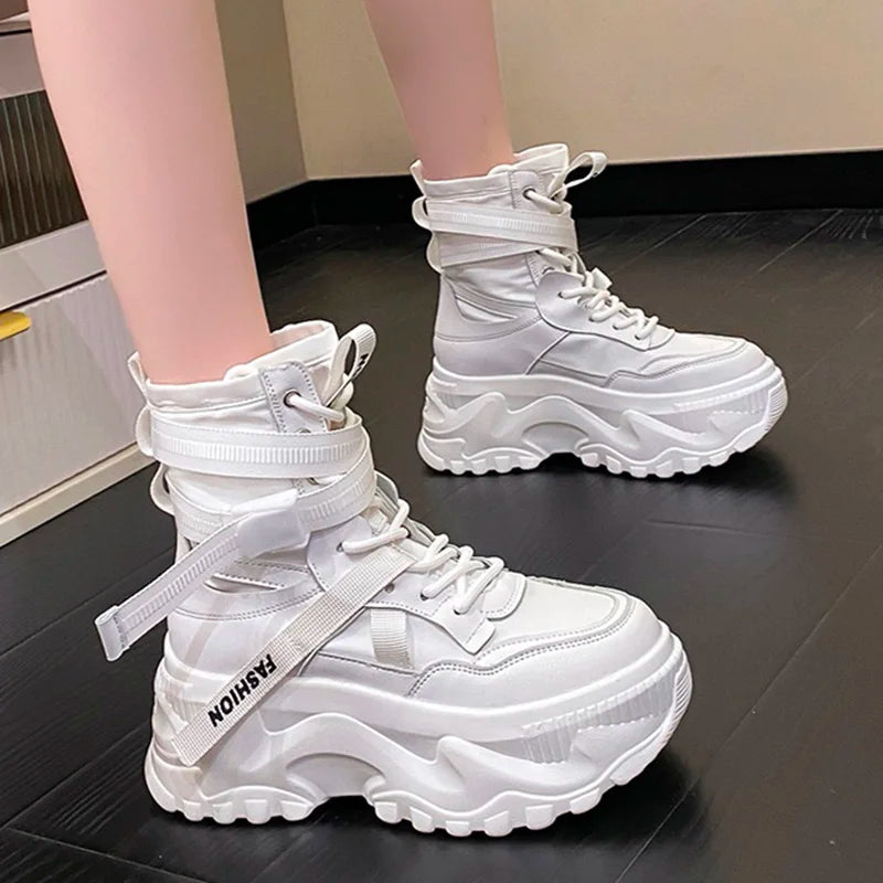 Fashion Women Chunky Platform Motorcycle Boots White Lace Up Thick Bottom Shoes Woman Autumn Winter Ankle Botas De Mujer 2022 Forease