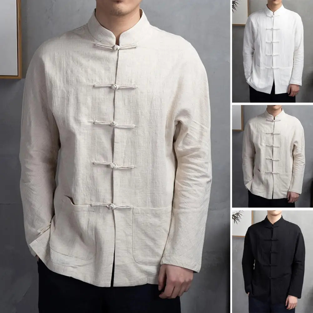 Men Autumn Chinese Style Shirt Top Mandarin Collar Long Sleeve Shirt Traditional Kung Fu Tai Chi Shirt Tang Tops Uniform Forease