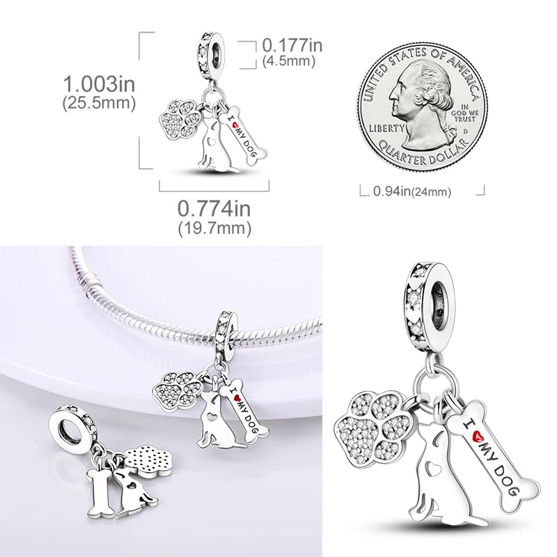 Cute Cat Dogs Charms Fit Pandora Original Bracelets Pet Paw  925 Silver Bulldog Schnauzer Akita Dog Beads DIY Jewelry Making Forease