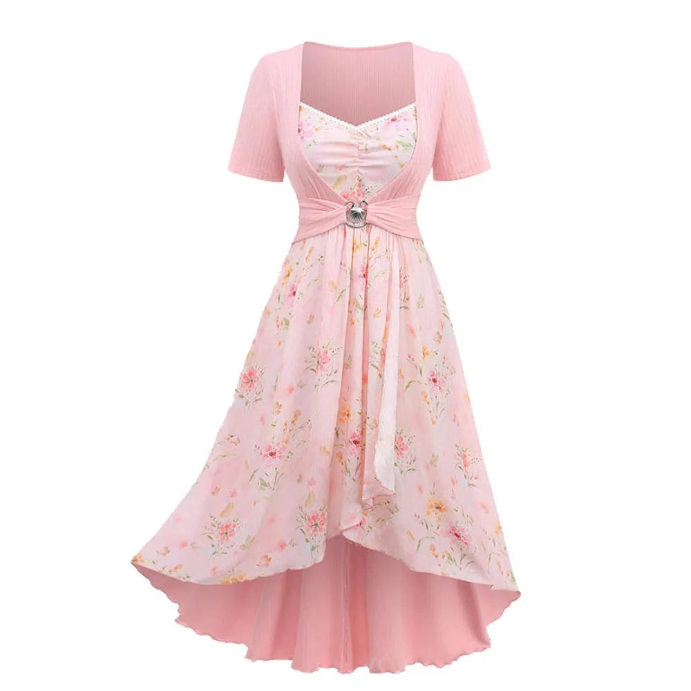 ROSEGAL Plus Size Casual Dresses Flowers Print Lace Trim Ruched Tulip Hem Ruffles Shell Buckle Ribbed Textured Dress Light Pink Forease