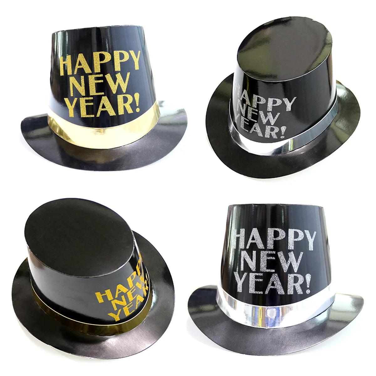 Happy New Year Party Hats Glitter Stage Performance Letter Print Paper Hat Jazz Hat Cap Party Tophat Photo Props 29x25x12.5cm Forease