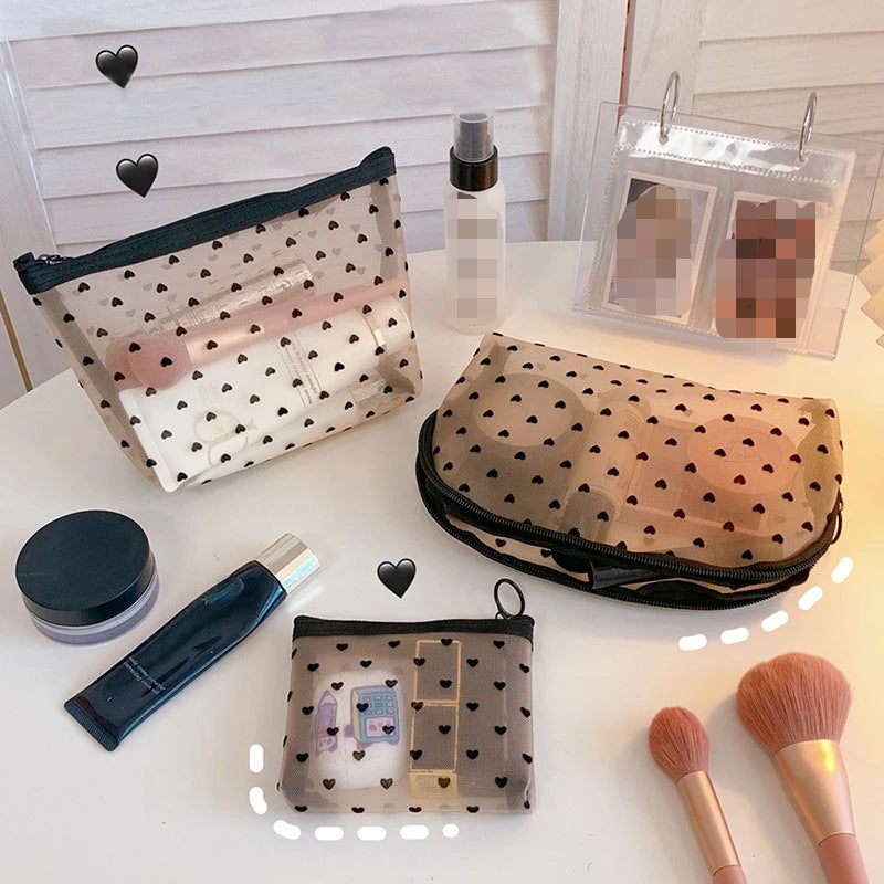 Mesh Cosmetic Makeup Bags Case Holder Cute Transparent Zipper Black Heart Printed Pencil Pen Case Pouch Convenient To Carry Forease