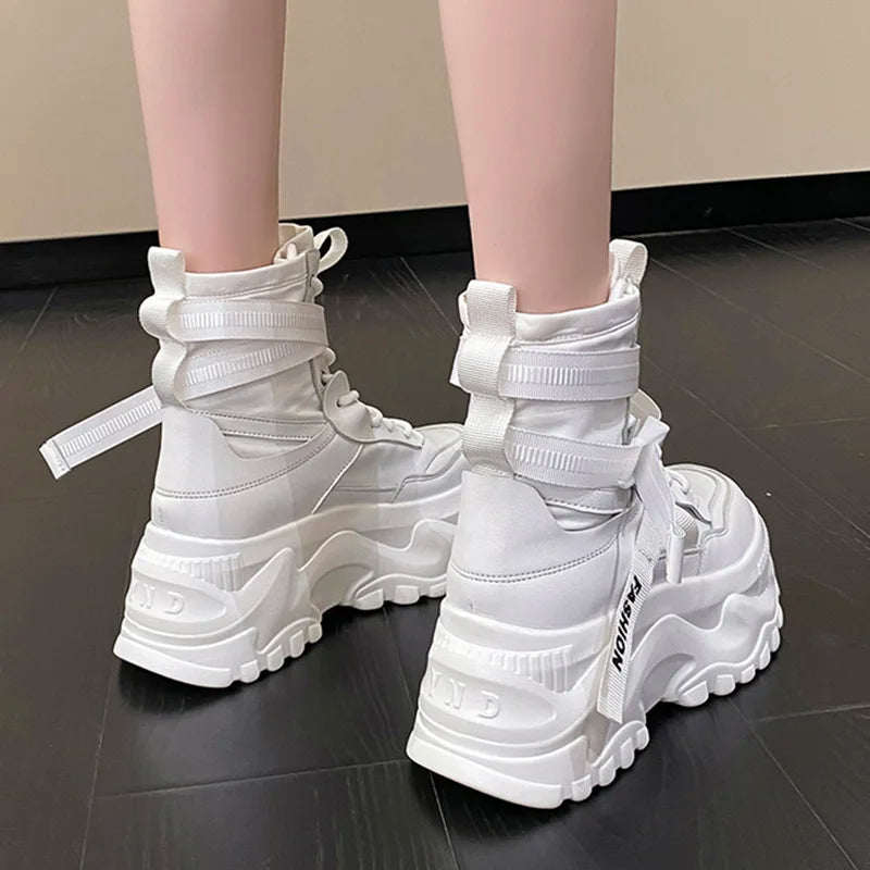 Fashion Women Chunky Platform Motorcycle Boots White Lace Up Thick Bottom Shoes Woman Autumn Winter Ankle Botas De Mujer 2022 Forease