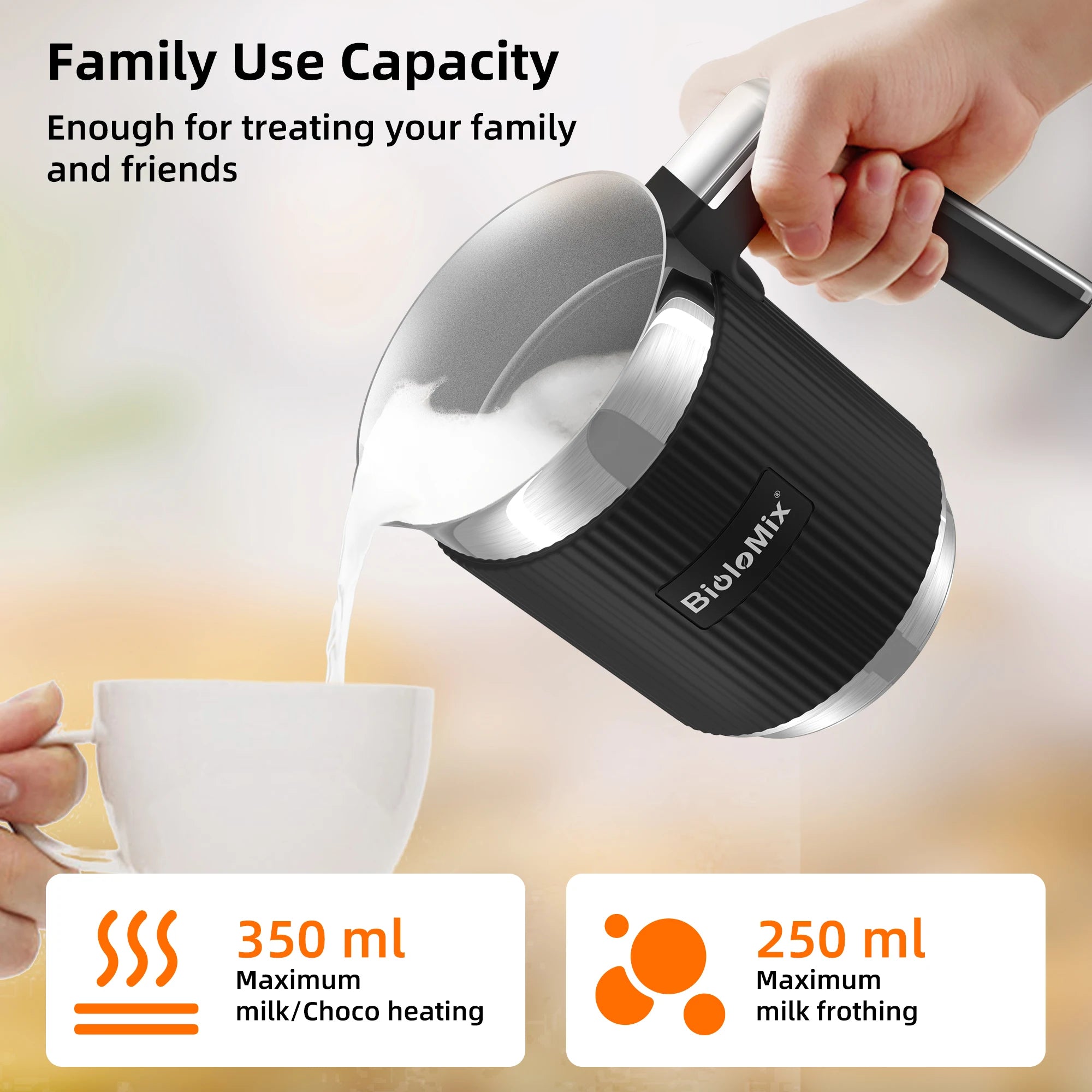 BioloMix Detachable Milk Frother and Steamer,5-in-1 Automatic Hot/Cold Foam and Hot Chocolate Maker,Dishwasher Safe Forease