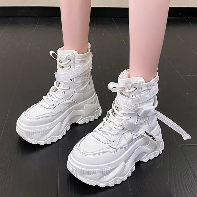 Fashion Women Chunky Platform Motorcycle Boots White Lace Up Thick Bottom Shoes Woman Autumn Winter Ankle Botas De Mujer 2022 Forease