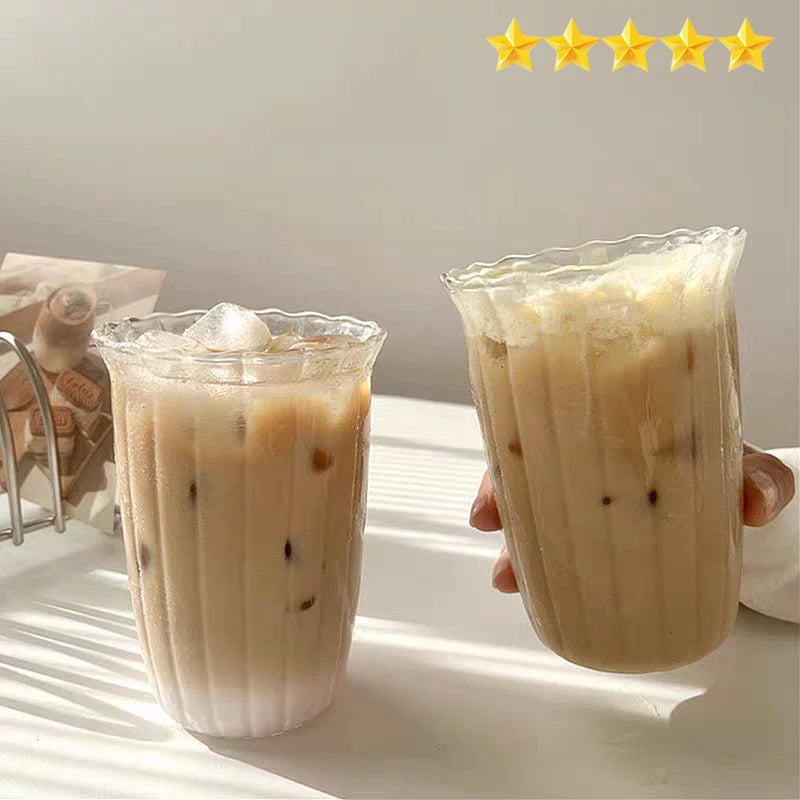 【Hot sales】Coffee shop niche retro vertical stripe clear glass water glass iced latte glass single-layer glass Forease