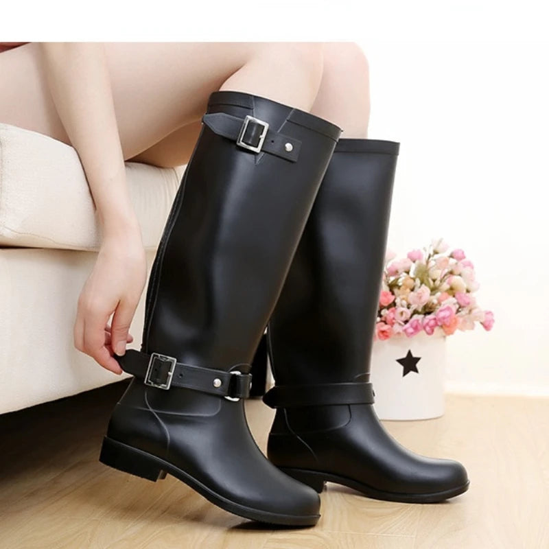 Rubber Boots for Women Waterproof Work Fashion Back Zipper Round Toe High Rain Boots Woman Water Shoes Botas De Caza Espanolas Forease