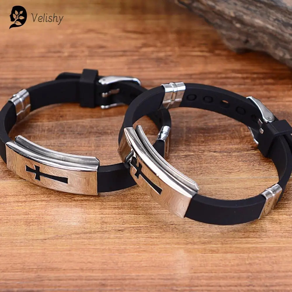 1PC Silicone Buckle Bracelets Bangle Fashion Cool Wristband Jewelry Womens Mens Cross Stainless Steel Forease