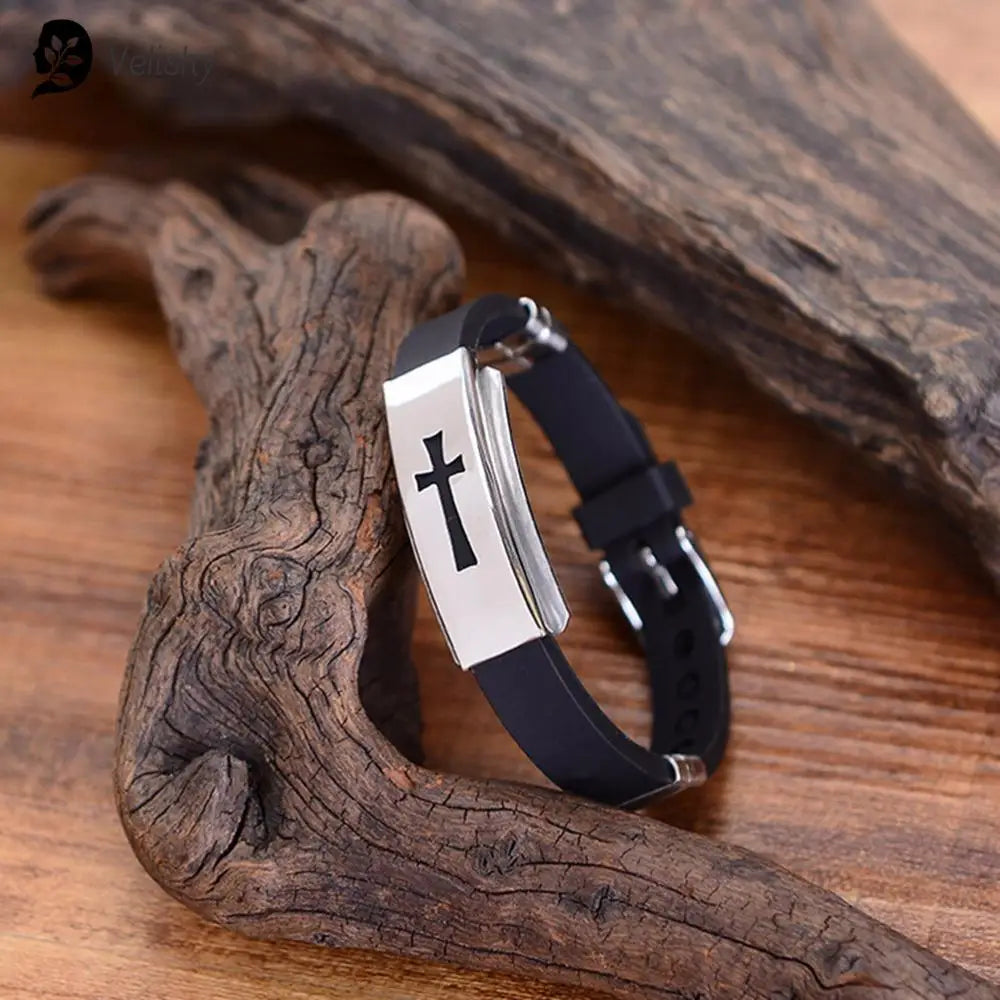 1PC Silicone Buckle Bracelets Bangle Fashion Cool Wristband Jewelry Womens Mens Cross Stainless Steel Forease