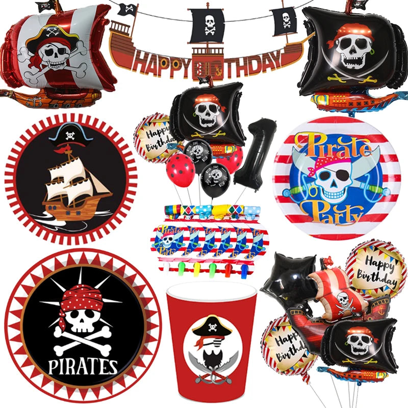 Red Pirate Cartoon Theme Party Disposable Tableware Paper Plates Cups Kids Birthday Balloons Baby Shower Decorations Supplies Forease