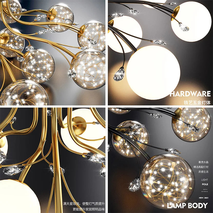 SANDYHA New LED Black Gold Chandeliers Clear Star Milk White Glass Ball Ceiling Lamp with Crystal Live Room Decor Pendant Lights Forease