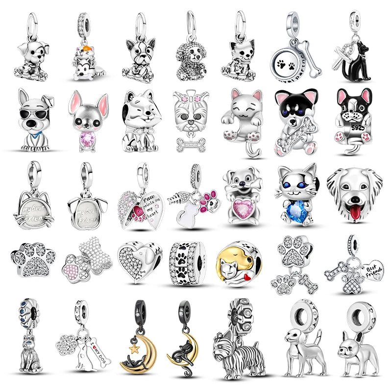 Cute Cat Dogs Charms Fit Pandora Original Bracelets Pet Paw  925 Silver Bulldog Schnauzer Akita Dog Beads DIY Jewelry Making Forease