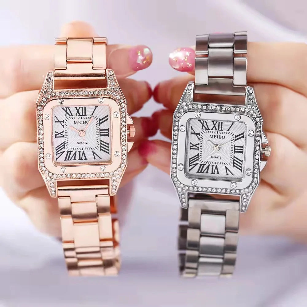 High Quality Fashion Business Ladies Casual Stainless Steel Rose Gold Quartz Watch Student Ladies Square Waterproof Clock Retro Forease