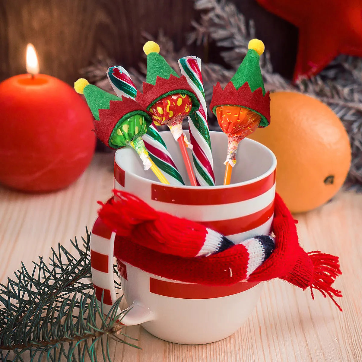 12pcs Mini Christmas Elf Caps Design Lollipop Hats Decor Nonwoven Candy Packing Hats Home Ornament Christmas party supplies 2024 Forease