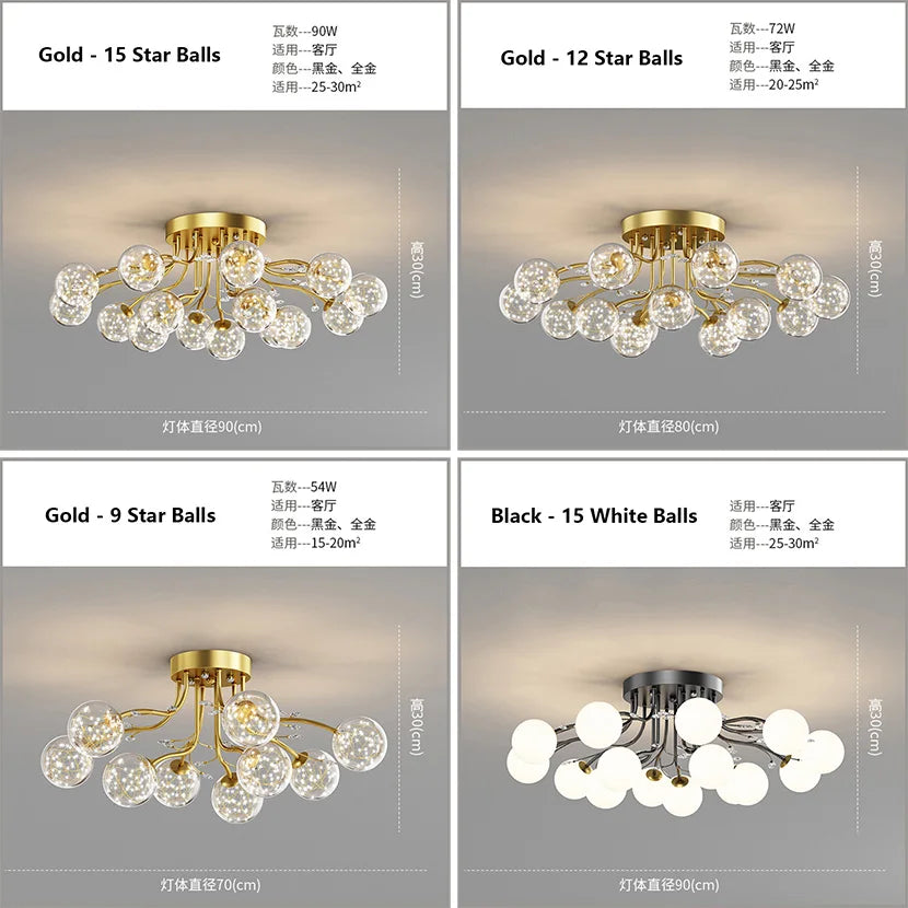 SANDYHA New LED Black Gold Chandeliers Clear Star Milk White Glass Ball Ceiling Lamp with Crystal Live Room Decor Pendant Lights Forease