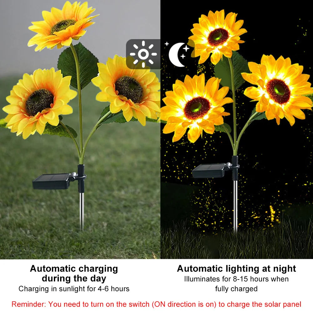 1/3 Head LED Solar Simulation Sunflower Lights Garden Yard Lawn Night Lamp Landscape Night Lamp Home Decoration Flower Light Forease