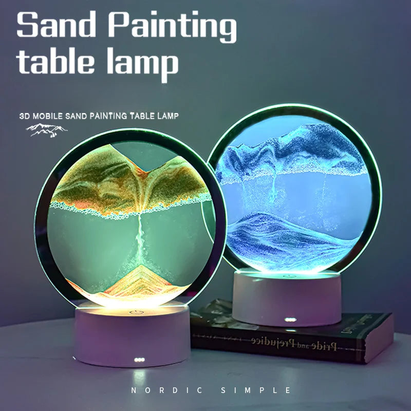 LED RGB Sand Painting Table Lamp Flowing Hourglass Desktop Ornament 3D Sandscape Lamp Suitable for Desk Bedroom Bedside Lamp Forease