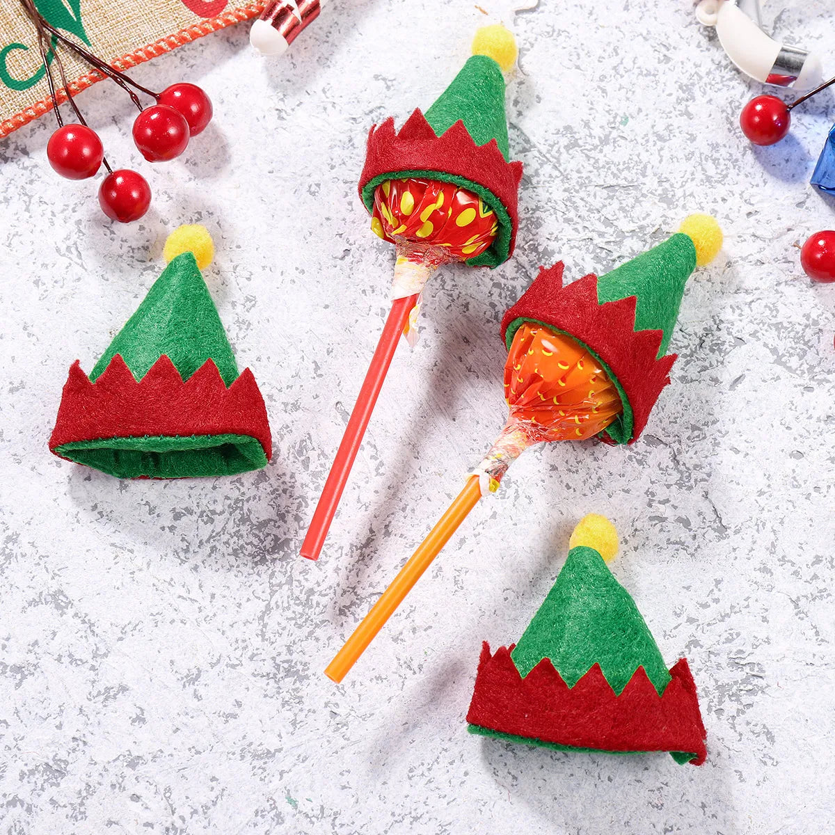 12pcs Mini Christmas Elf Caps Design Lollipop Hats Decor Nonwoven Candy Packing Hats Home Ornament Christmas party supplies 2024 Forease