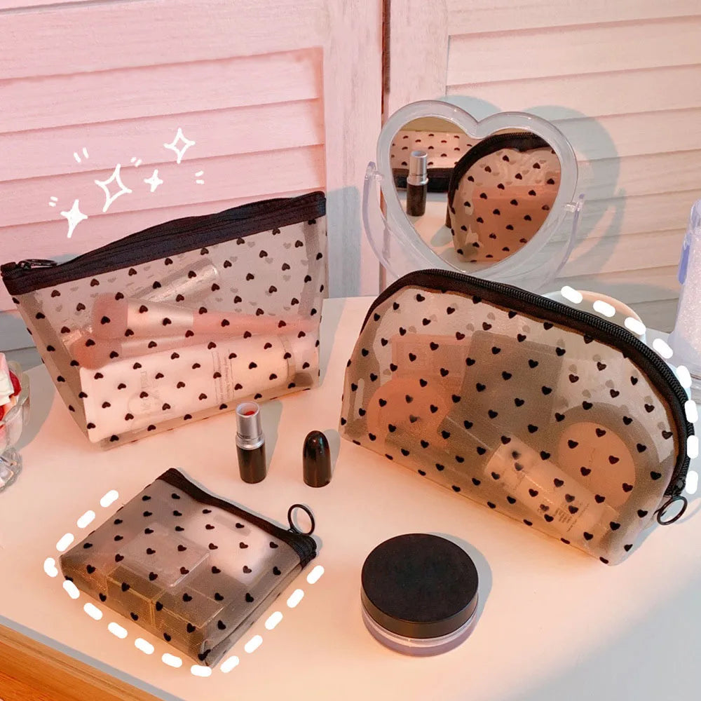 Mesh Cosmetic Makeup Bags Case Holder Cute Transparent Zipper Black Heart Printed Pencil Pen Case Pouch Convenient To Carry Forease