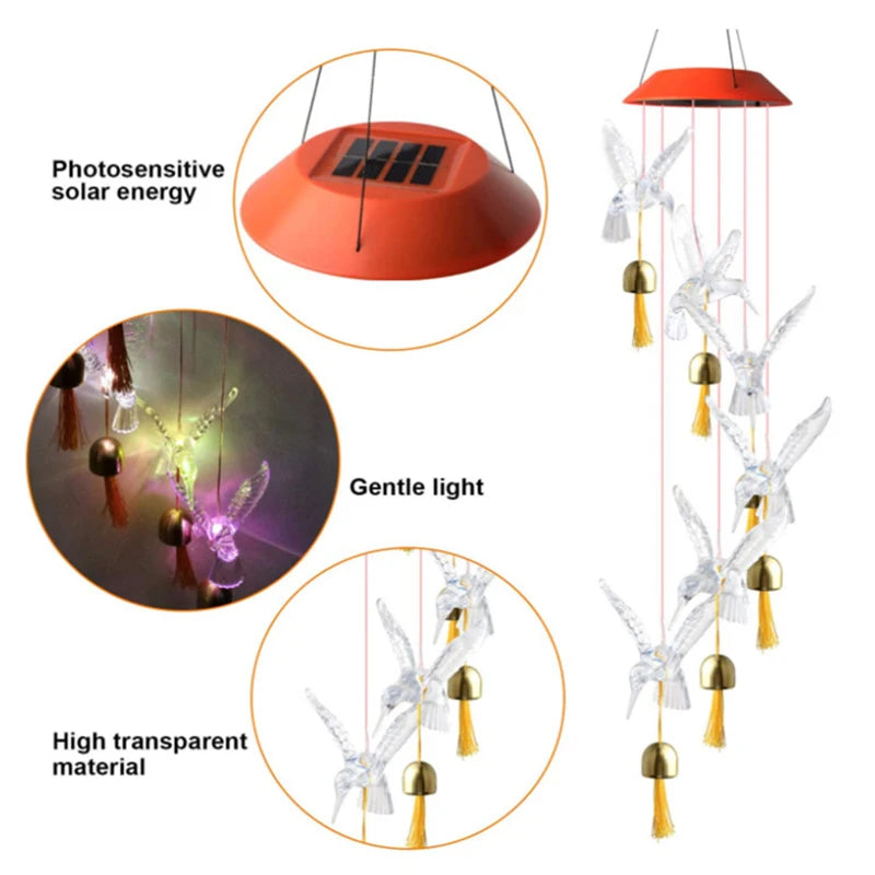 LED Colorful Solar Power Wind Chime Crystal Hummingbird Butterfly Waterproof Outdoor Windchime Solar Light for Garden outdoor Forease