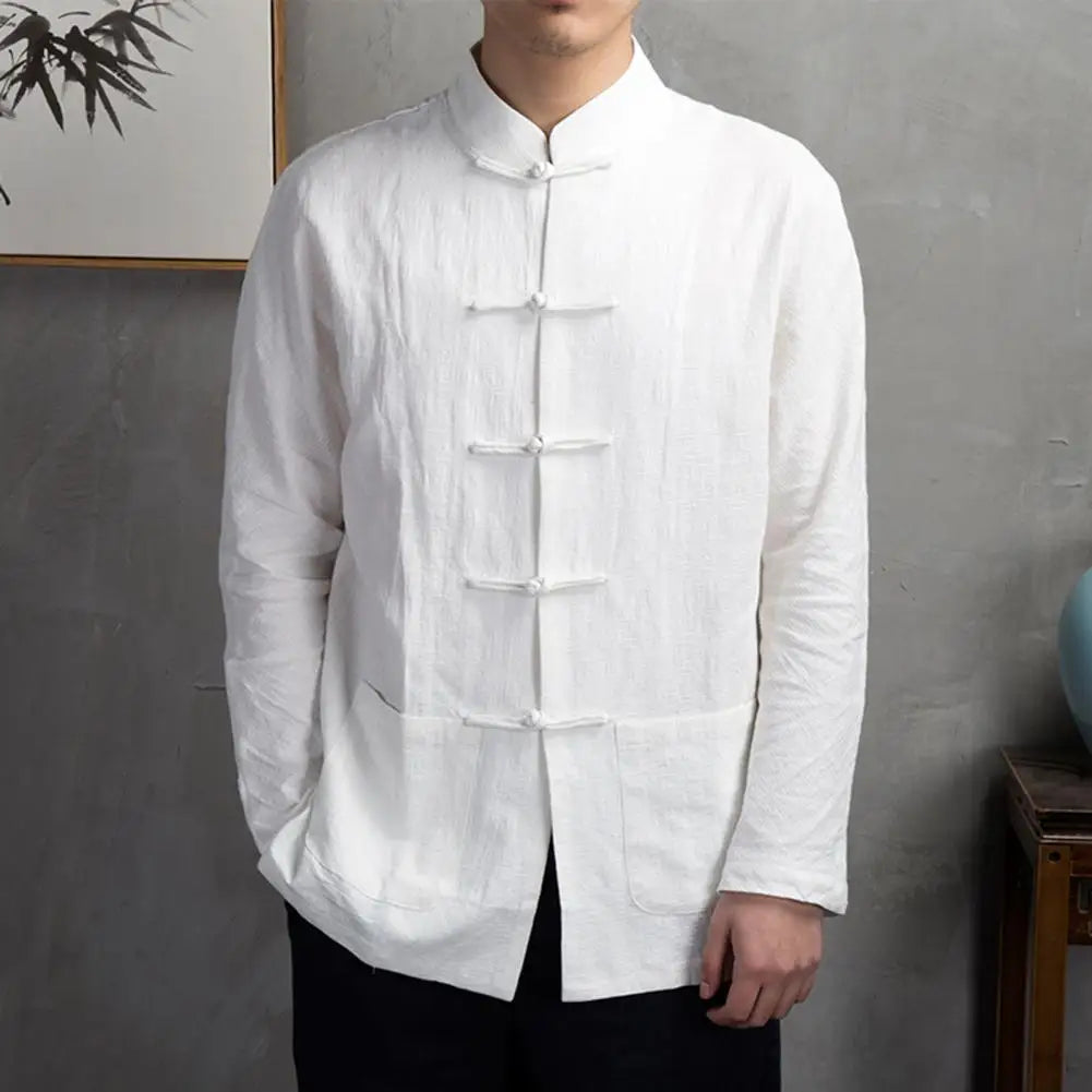 Men Autumn Chinese Style Shirt Top Mandarin Collar Long Sleeve Shirt Traditional Kung Fu Tai Chi Shirt Tang Tops Uniform Forease