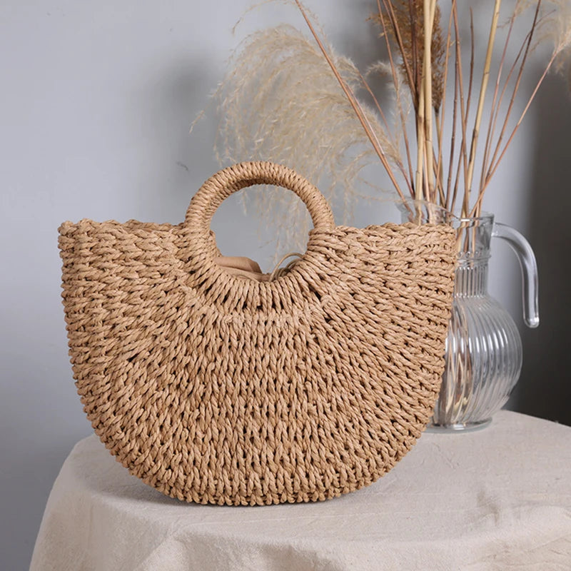 Summer Handmade Bags for Women Beach Weaving Ladies Straw Bag Wrapped Beach Bag Moon shaped Top Handle Handbags Totes Forease