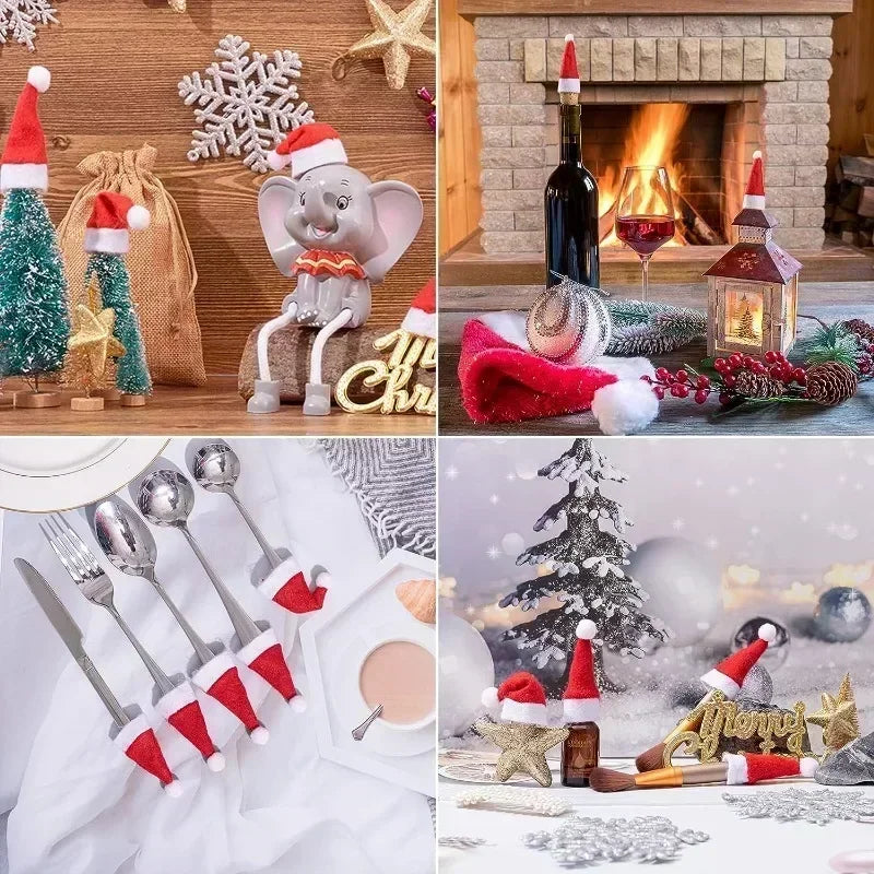 50/1Pcs Mini Santa Hat Non-Woven Fabric Lollipops Caps Christmas Wine Bottle Covers Xmas Bottles Holder Table Dinner Decorations Forease