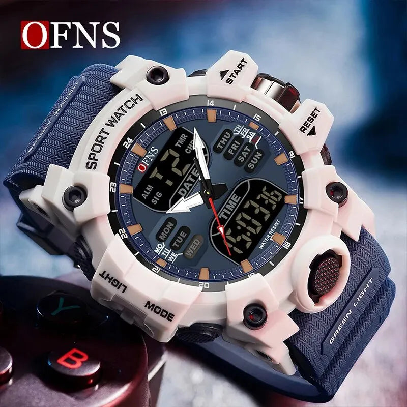 OFNS Top Dual Display Men Watches Waterproof Sports Watch Military Man Alarm Stopwatch Quartz Wristwatch Male Digital Clock Forease