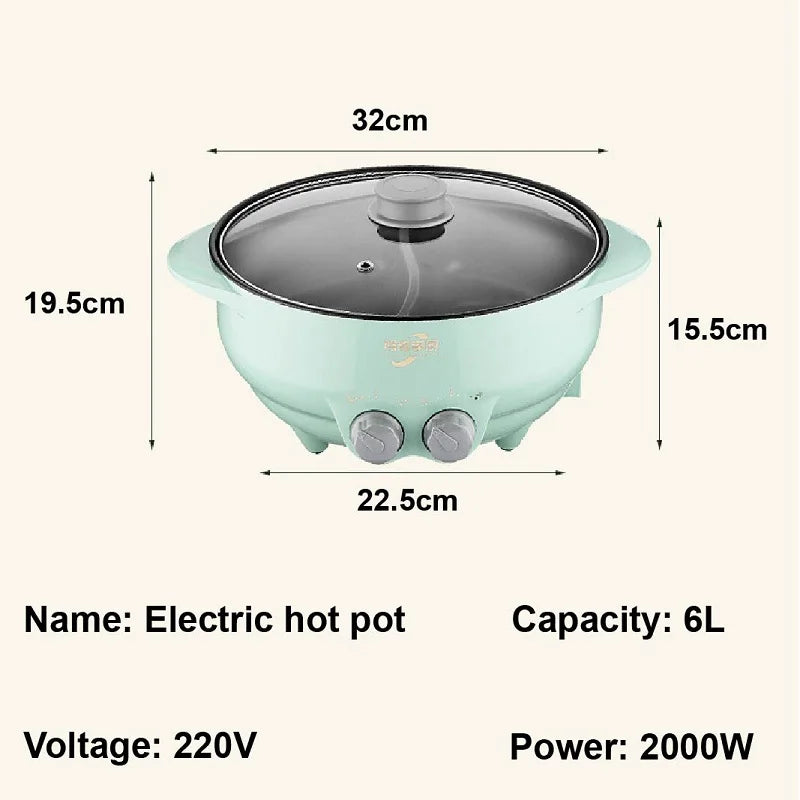 6L Yuanyang Electric Hot Pot Home Multi-function All-In-One Electric Cooking Pot Electric Cook Pot Non-Stick Grill Pan Pot 2000W Forease