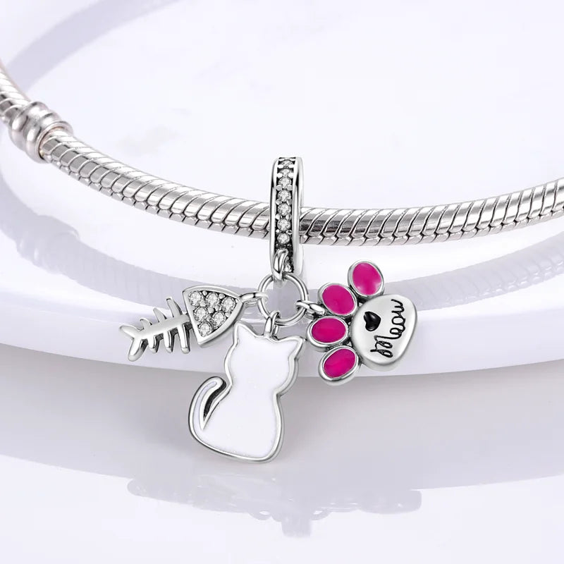 Cute Cat Dogs Charms Fit Pandora Original Bracelets Pet Paw  925 Silver Bulldog Schnauzer Akita Dog Beads DIY Jewelry Making Forease